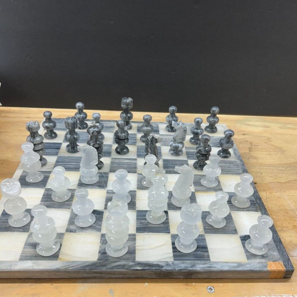 Vintage Marble & White Onyx Chess Set 13” Natural Stone Board Complete 32 Pieces